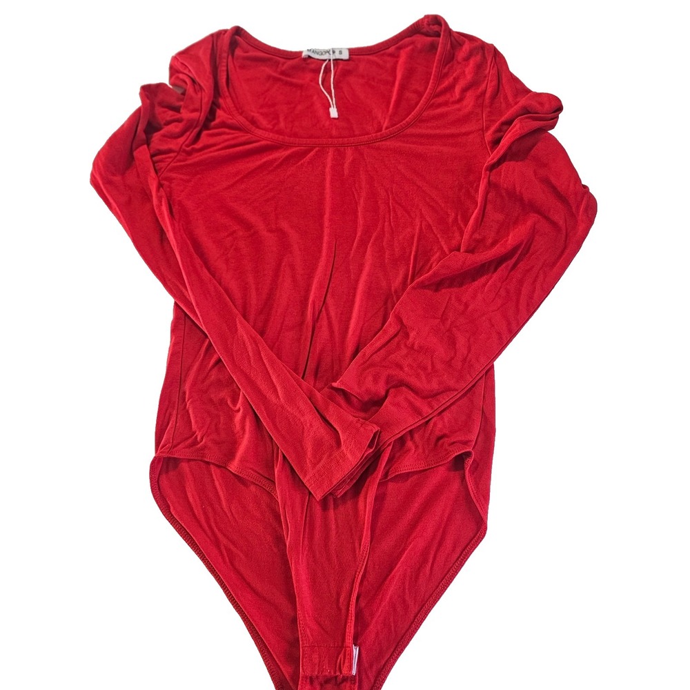 Mangopop Womens Red Bodysuit Small Long Sleeve Scoop Neck Stretch Fitted Top - Picture 2 of 3